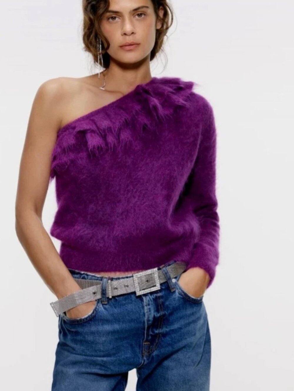 Zara Purple Mohair Blend Ruffle One Shoulder Sweater Size M